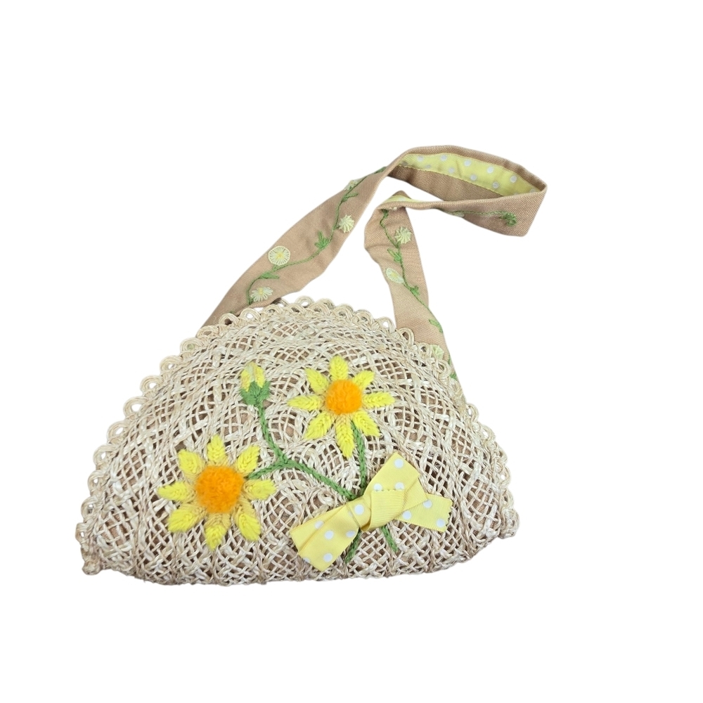 Vtg Sisal Straw Cottagecore Sunny Yellow Flower Bag - Picture 2 of 9
